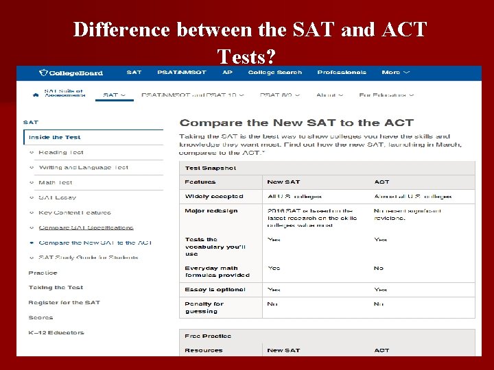 Difference between the SAT and ACT Tests? * ACT – The ACT tests a