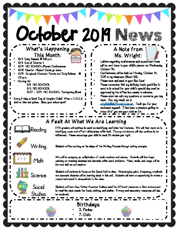 October 2019 News • • • What’s Happening This Month: 10/11 Early Release @