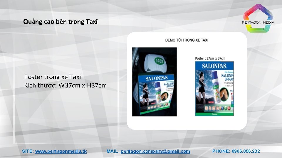 Quảng cáo bên trong Taxi Poster trong xe Taxi Kích thước: W 37 cm