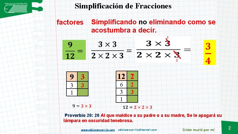Simplificación de Fracciones factores Simplificando no eliminando como se acostumbra a decir. 9 3