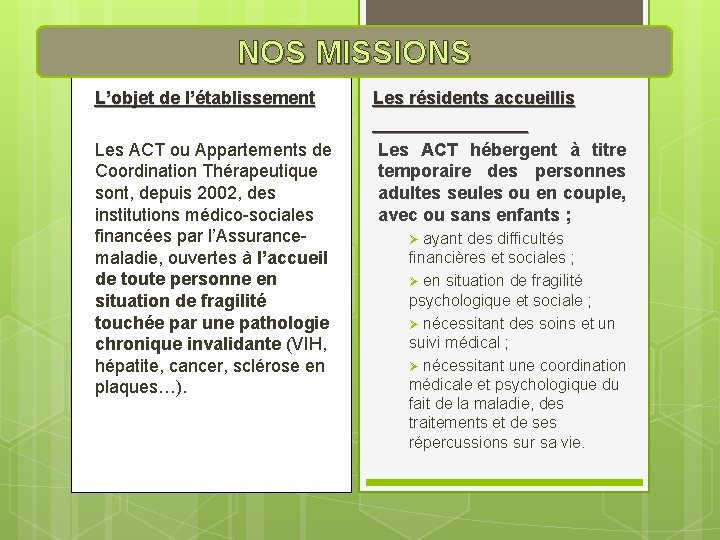 NOS MISSIONS L’objet de l’établissement Les ACT ou Appartements de Coordination Thérapeutique sont, depuis