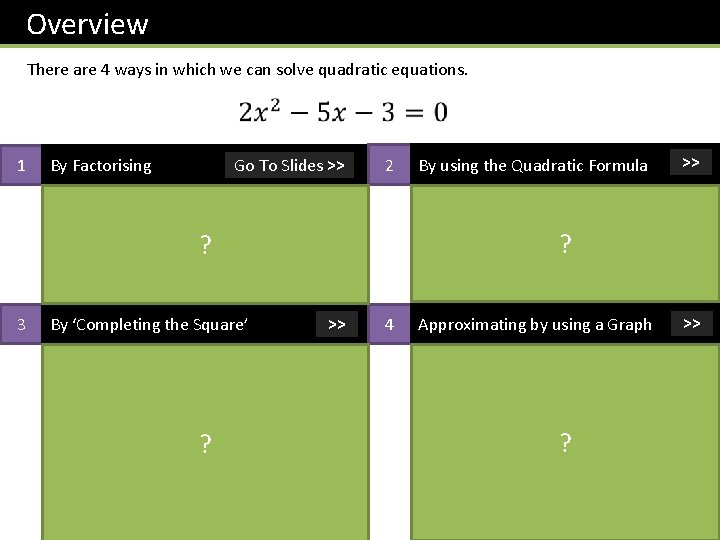 Overview There are 4 ways in which we can solve quadratic equations. 1 By