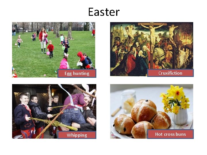 Easter Egg hunting Cruxifiction Whipping Hot cross buns 