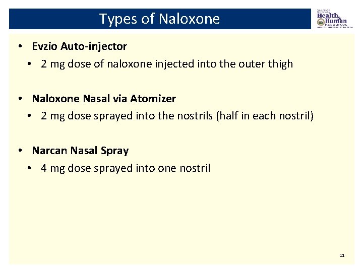 Types of Naloxone • Evzio Auto-injector • 2 mg dose of naloxone injected into