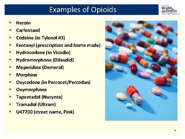 Examples of Opioids • • • • Heroin Carfentanil Codeine (in Tylenol #3) Fentanyl