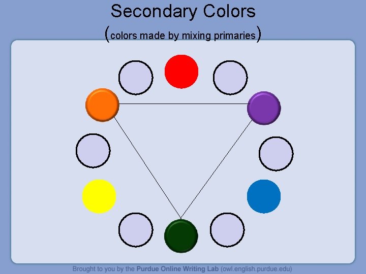 Secondary Colors (colors made by mixing primaries) 