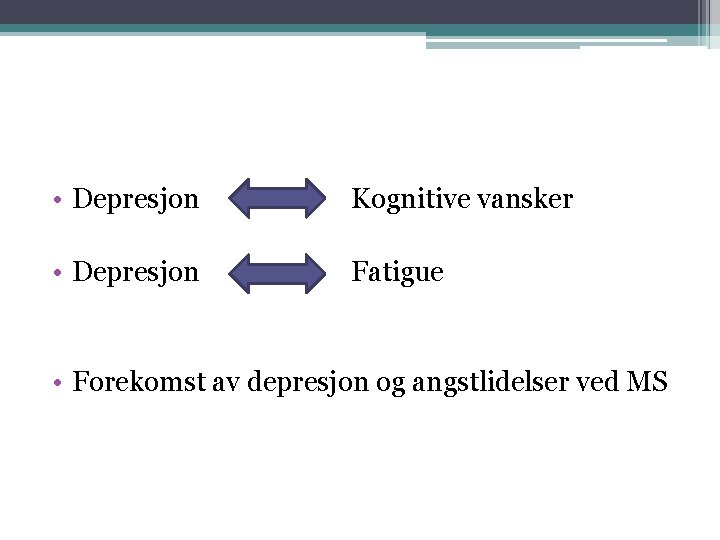  • Depresjon Kognitive vansker • Depresjon Fatigue • Forekomst av depresjon og angstlidelser