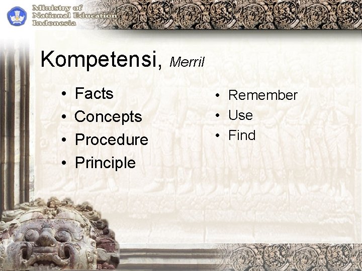 Kompetensi, Merril • • Facts Concepts Procedure Principle • Remember • Use • Find
