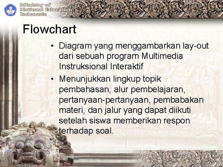 Flowchart • Diagram yang menggambarkan lay-out dari sebuah program Multimedia Instruksional Interaktif • Menunjukkan