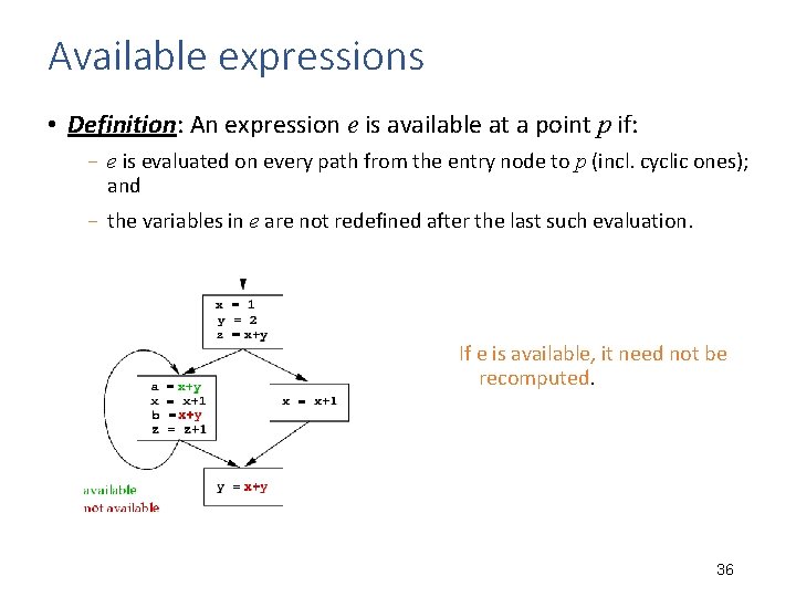 Available expressions • Definition: An expression e is available at a point p if: Available expressions • Definition: An expression e is available at a point p if: