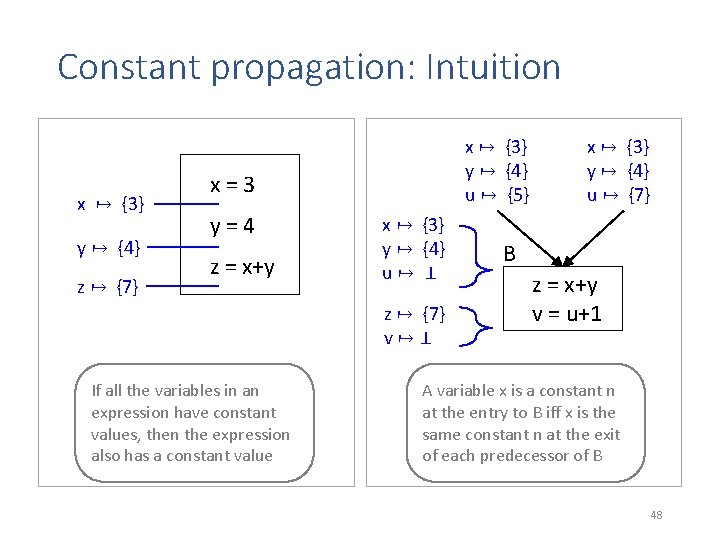 Constant propagation: Intuition x ↦ {3} y ↦ {4} z ↦ {7} x ↦ Constant propagation: Intuition x ↦ {3} y ↦ {4} z ↦ {7} x ↦