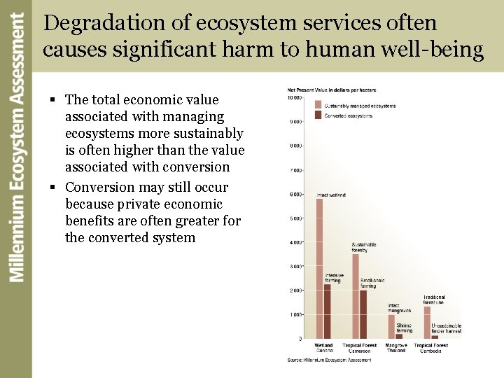 Degradation of ecosystem services often causes significant harm to human well-being § The total