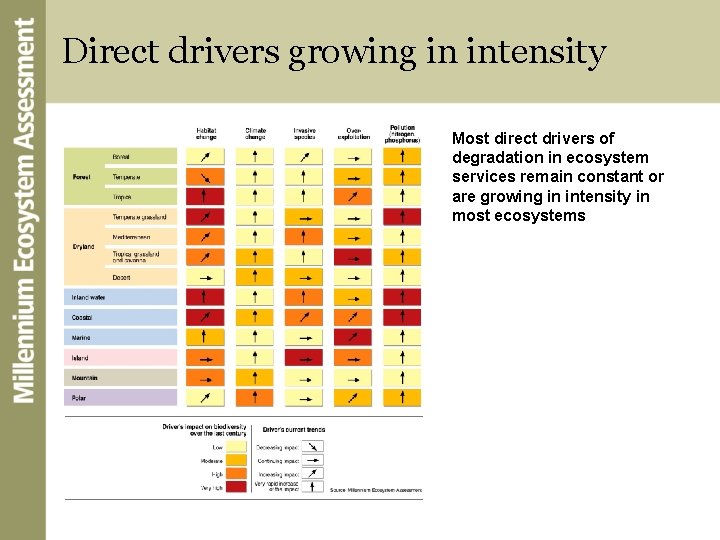 Direct drivers growing in intensity Most direct drivers of degradation in ecosystem services remain