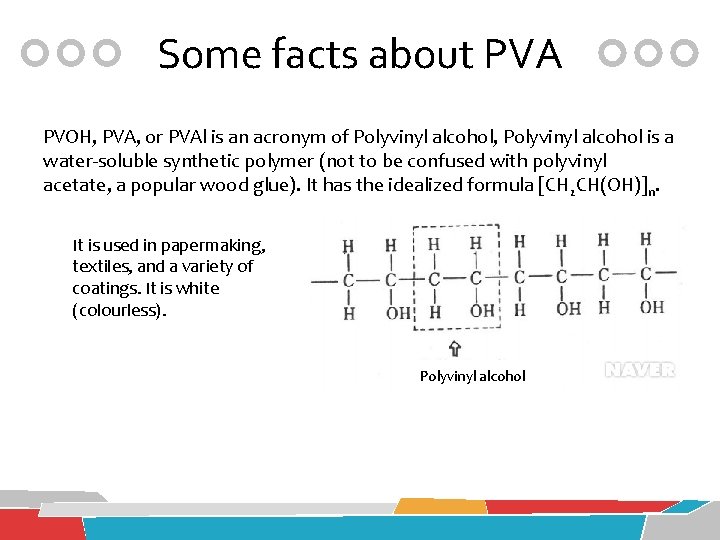 Some facts about PVA PVOH, PVA, or PVAl is an acronym of Polyvinyl alcohol,