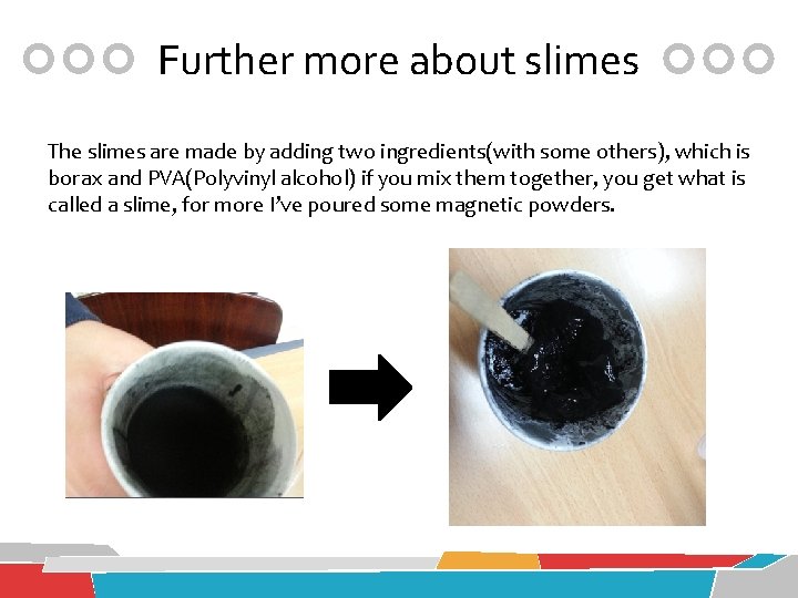 Further more about slimes The slimes are made by adding two ingredients(with some others),