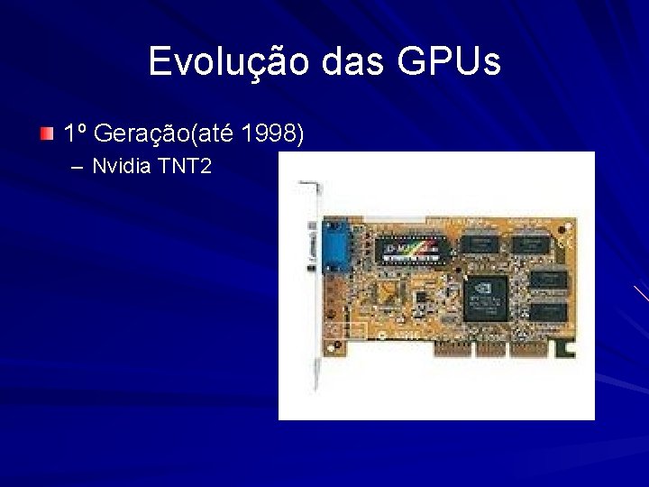 Evolução das GPUs 1º Geração(até 1998) – Nvidia TNT 2 