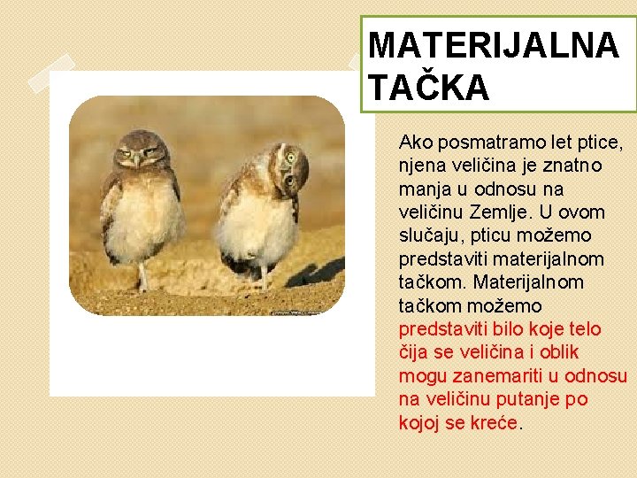 MATERIJALNA TAČKA Ako posmatramo let ptice, njena veličina je znatno manja u odnosu na