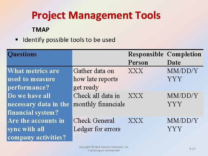 Project Management Tools TMAP § Identify possible tools to be used Questions What metrics