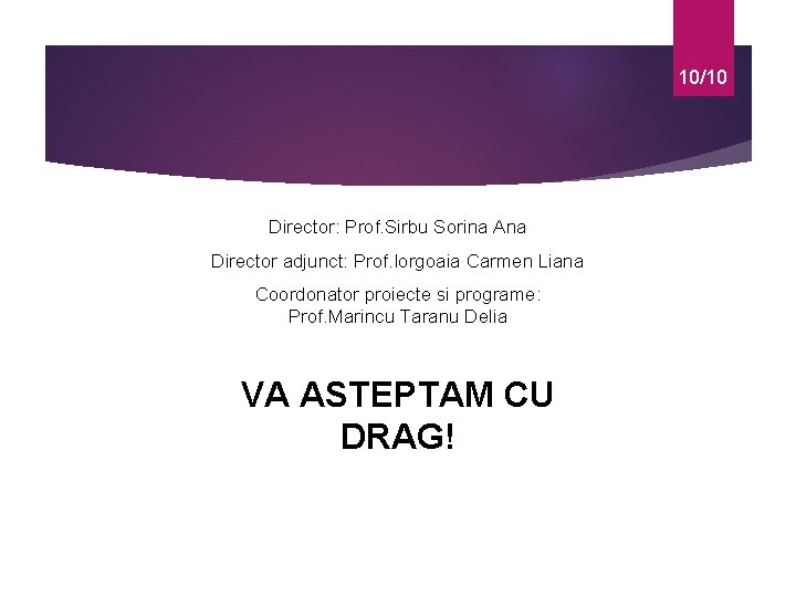 10/10 Director: Prof. Sirbu Sorina Ana Director adjunct: Prof. Iorgoaia Carmen Liana Coordonator proiecte