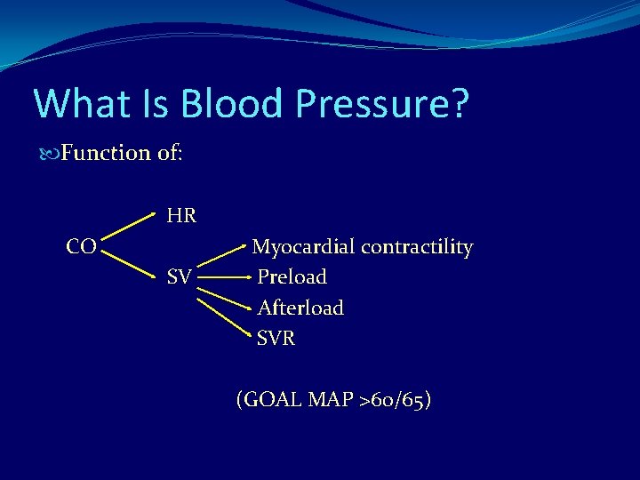 What Is Blood Pressure? Function of: HR CO SV Myocardial contractility Preload Afterload SVR