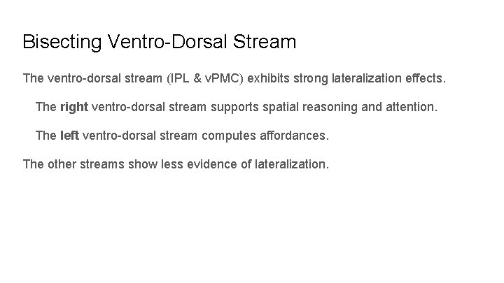 Bisecting Ventro-Dorsal Stream The ventro-dorsal stream (IPL & v. PMC) exhibits strong lateralization effects.