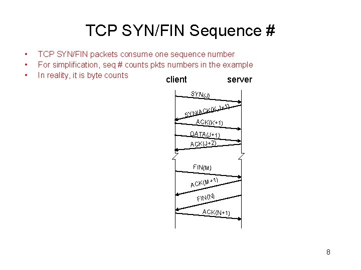 TCP SYN/FIN Sequence # • • • TCP SYN/FIN packets consume one sequence number TCP SYN/FIN Sequence # • • • TCP SYN/FIN packets consume one sequence number