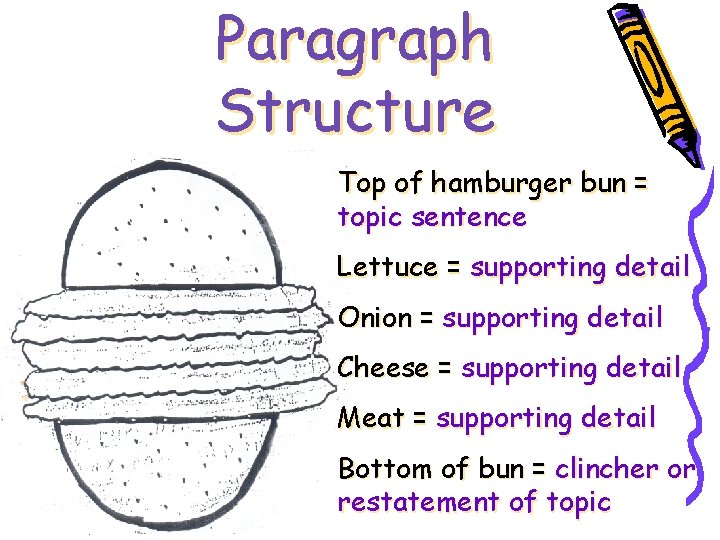 Paragraph Structure Top of hamburger bun = topic sentence Lettuce = supporting detail Onion