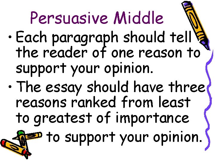 Persuasive Middle • Each paragraph should tell the reader of one reason to support