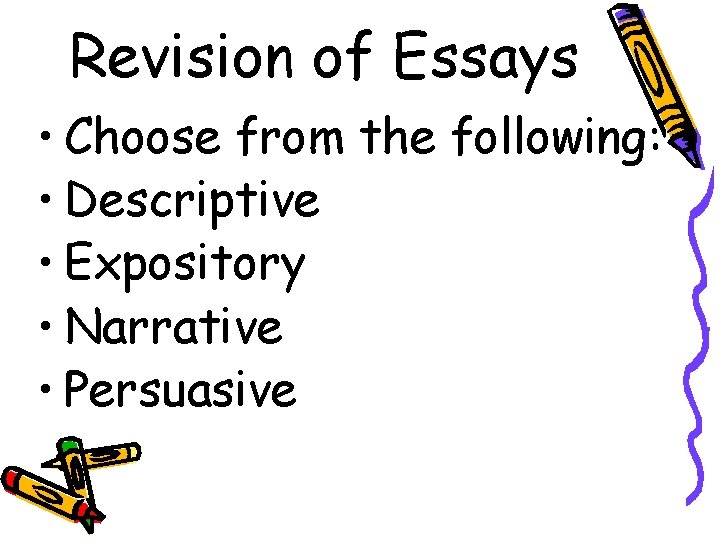 Revision of Essays • Choose from the following: • Descriptive • Expository • Narrative