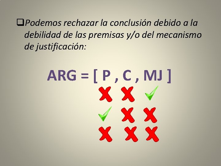 q. Podemos rechazar la conclusión debido a la debilidad de las premisas y/o del