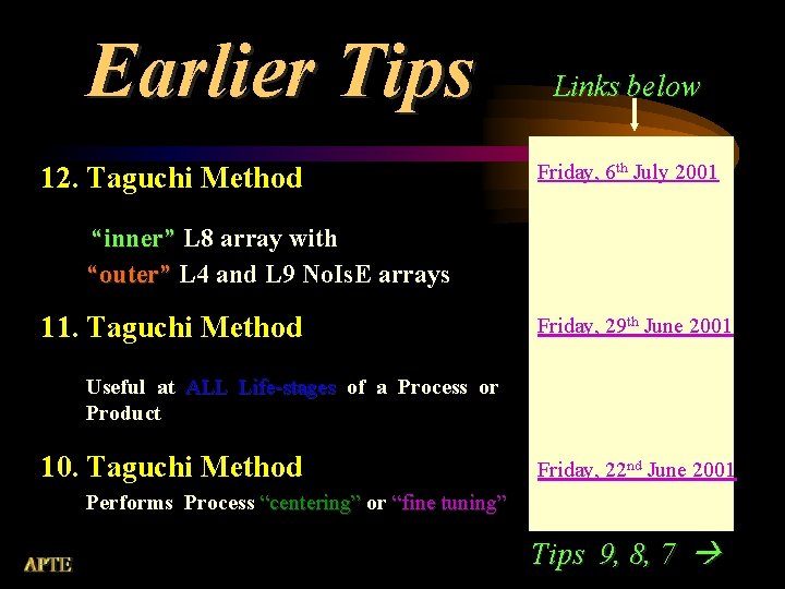 Earlier Tips 12. Taguchi Method Links below Friday, 6 th July 2001 “inner” L