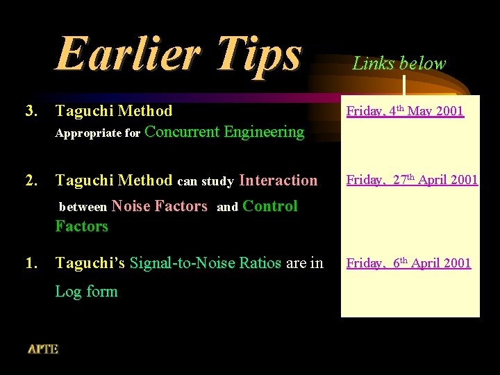 Earlier Tips Links below 3. Taguchi Method Appropriate for Concurrent Engineering Friday, 4 th