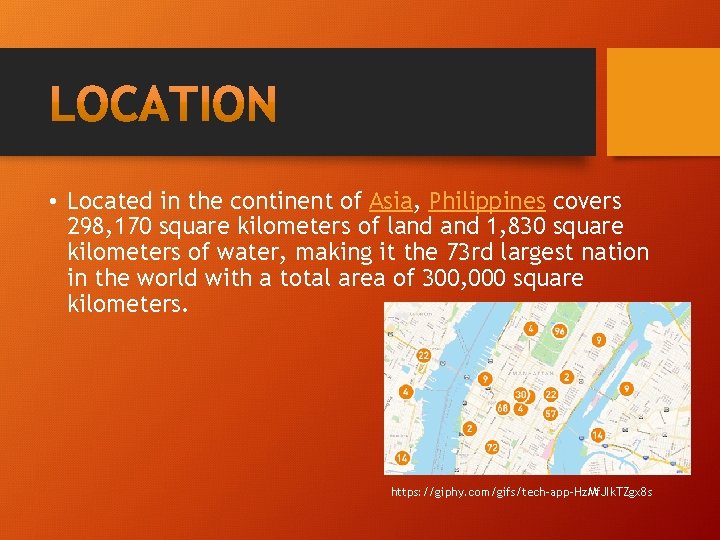 • Located in the continent of Asia, Philippines covers 298, 170 square kilometers