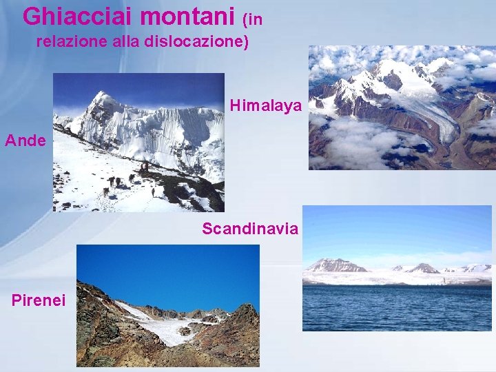 Ghiacciai montani (in relazione alla dislocazione) Himalaya Ande Scandinavia Pirenei 