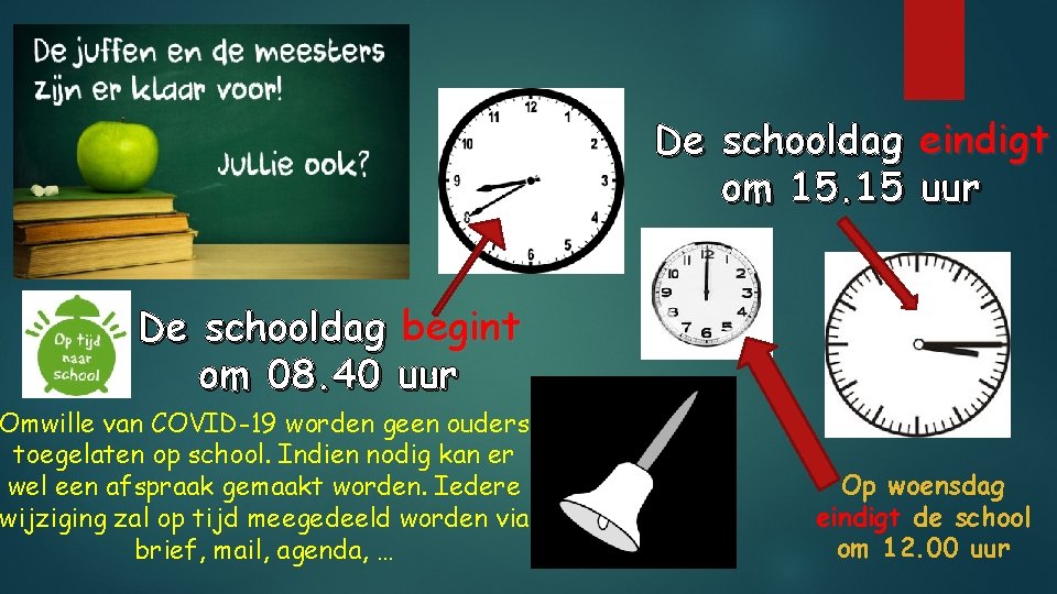 De schooldag eindigt om 15. 15 uur De schooldag begint om 08. 40 uur
