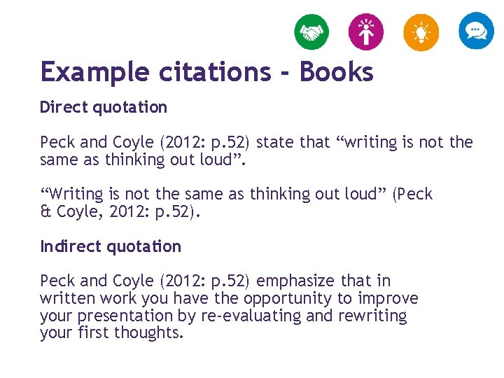 Example citations - Books Direct quotation Peck and Coyle (2012: p. 52) state that