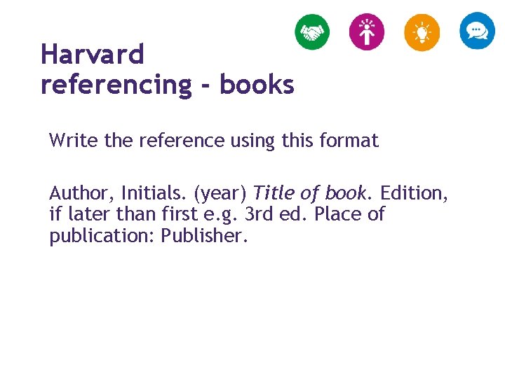 Harvard referencing - books Write the reference using this format Author, Initials. (year) Title