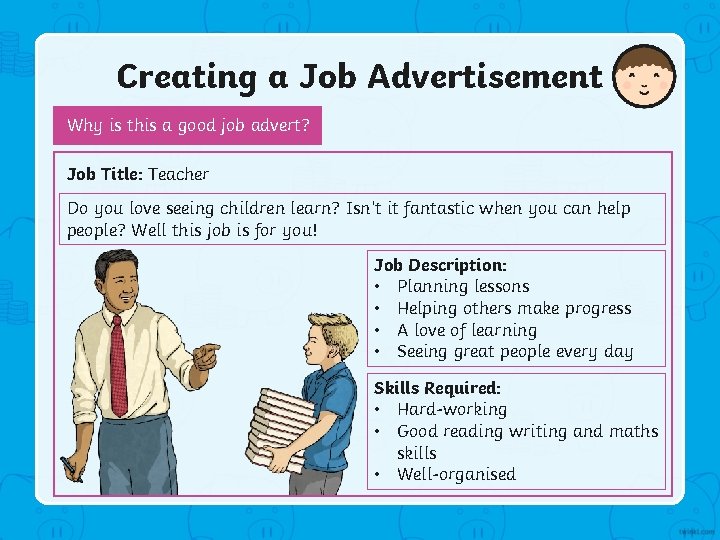 Creating a Job Advertisement Why is this a good job advert? Job Title: Teacher