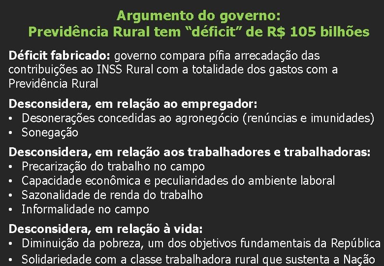 Argumento do governo: Previdência Rural tem “déficit” de R$ 105 bilhões Déficit fabricado: governo