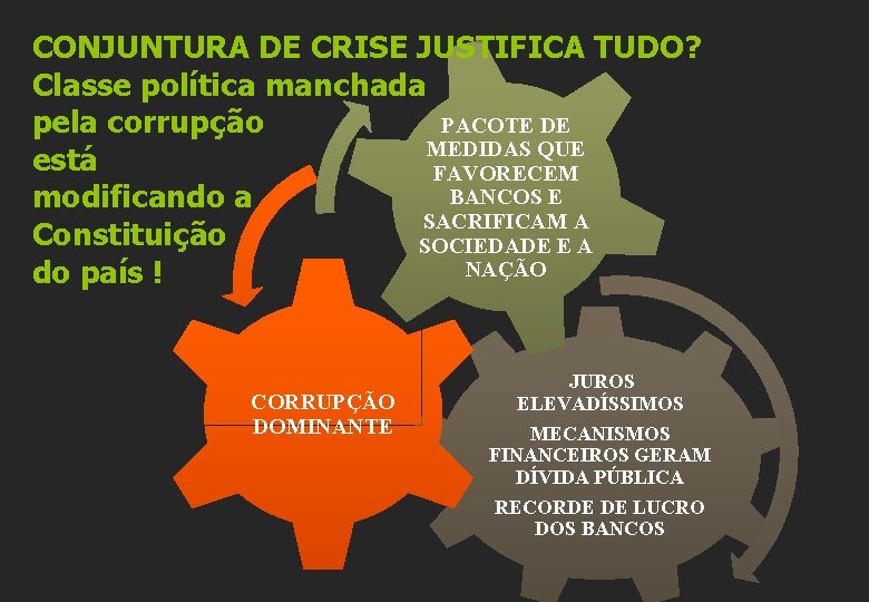 CONJUNTURA DE CRISE JUSTIFICA TUDO? Classe política manchada PACOTE DE pela corrupção MEDIDAS QUE