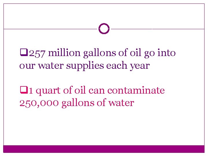 q 257 million gallons of oil go into our water supplies each year q