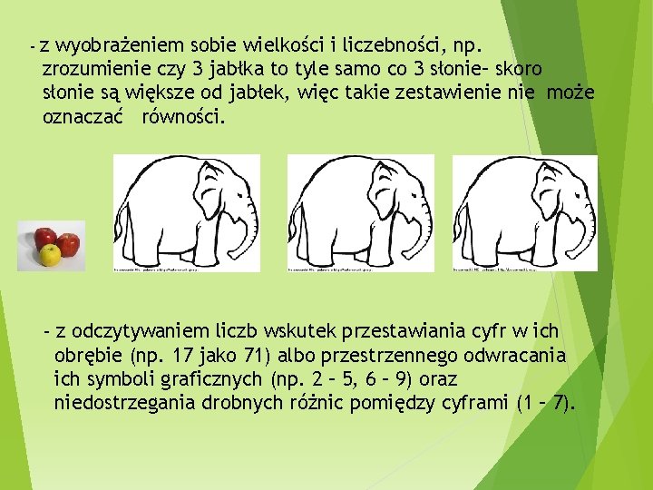 - z wyobrażeniem sobie wielkości i liczebności, np. zrozumienie czy 3 jabłka to tyle