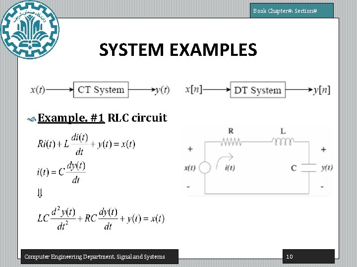 Book Chapter#: Section# SYSTEM EXAMPLES Example. #1 RLC circuit Computer Engineering Department, Signal and