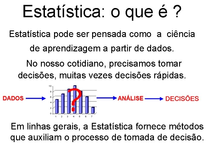 Estatística: o que é ? Estatística pode ser pensada como a ciência de aprendizagem