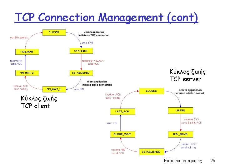 TCP Connection Management (cont) Κύκλος ζωής TCP server Κύκλος ζωής TCP client Επίπεδο μεταφοράς