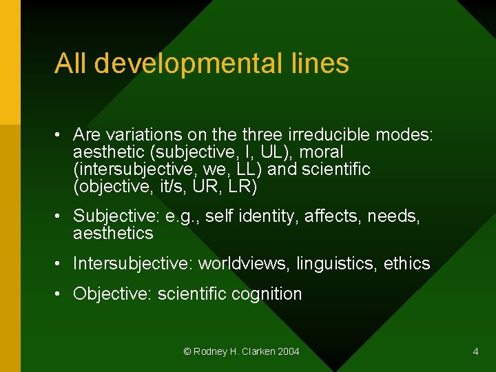 All developmental lines • Are variations on the three irreducible modes: aesthetic (subjective, I,