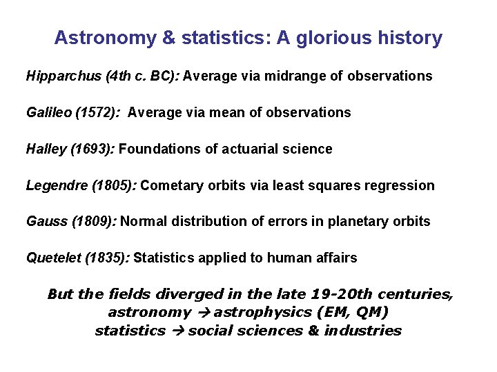 Astronomy & statistics: A glorious history Hipparchus (4 th c. BC): Average via midrange