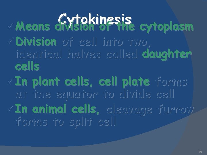 Cytokinesis ü Means division of the cytoplasm ü Division of cell into two, identical
