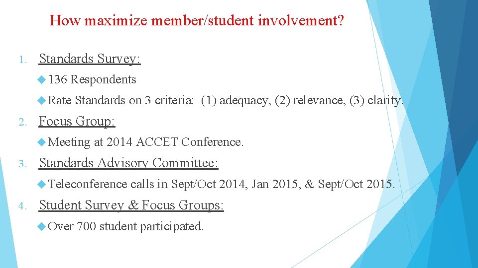 How maximize member/student involvement? 1. Standards Survey: 136 Respondents Rate 2. Standards on 3