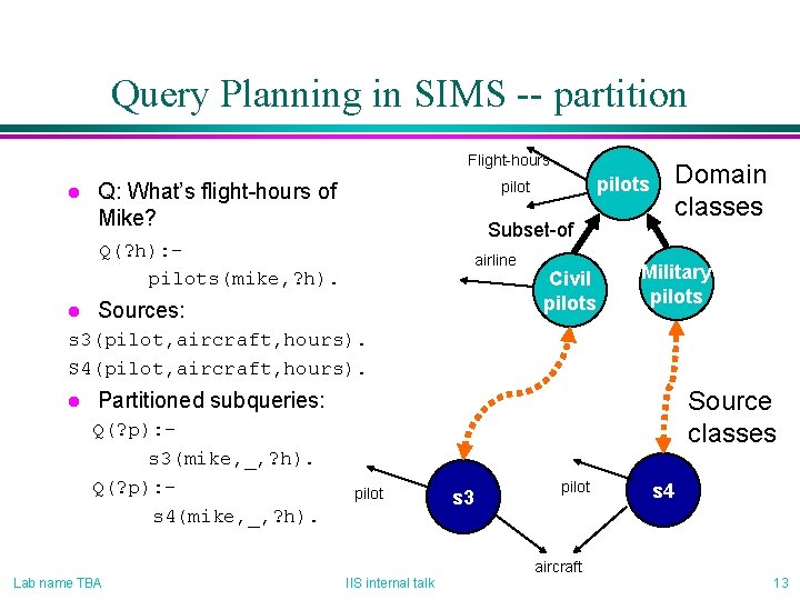 Query Planning in SIMS -- partition Flight-hours l Subset-of Q(? h): pilots(mike, ? h).